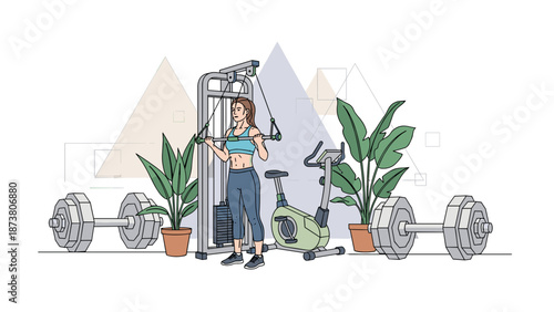 Woman exercising with cable machine in a fitness studio illustration.