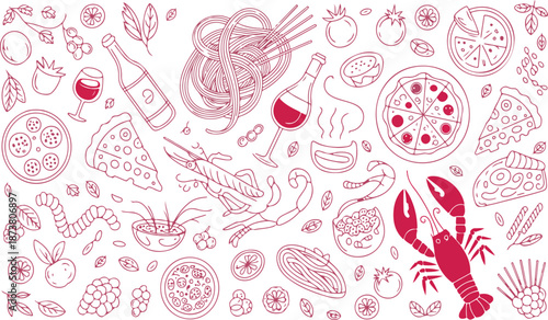 Italian Cuisine Seamless Pattern Vector – Pasta, Pizza, Lobster. Seamless Italian Cuisine Icons – Wine Bottle, Herbs, Seafood. Red Outline Food Theme – Perfect for Menus & Packaging. 