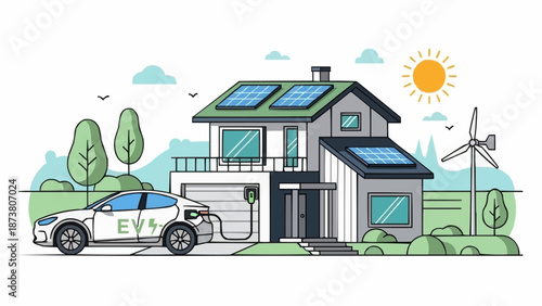 Modern Eco Friendly House With Electric Car Charging Station And Solar Panels.