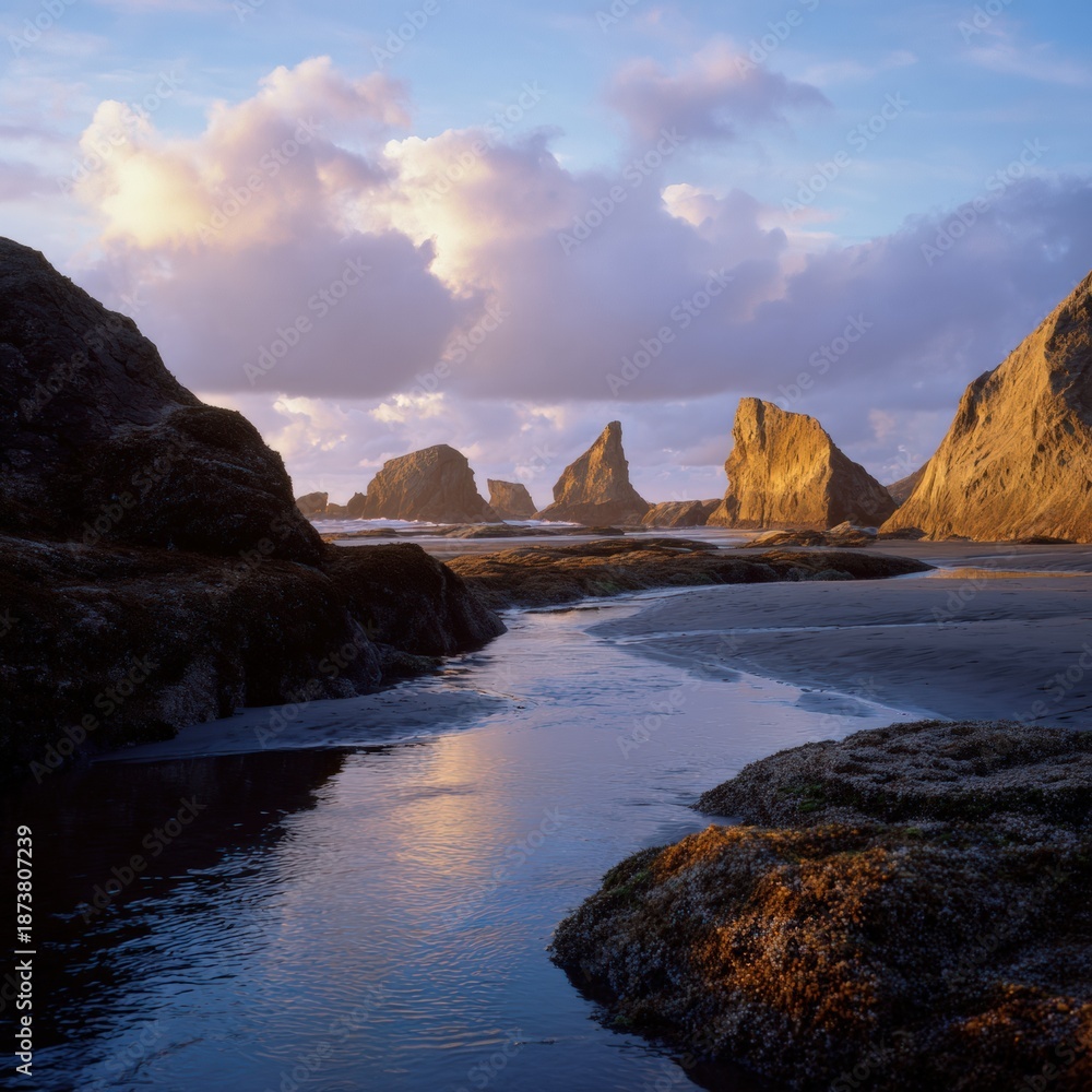 Fototapeta premium Dramatic coastal rock formations at sunset with reflective water