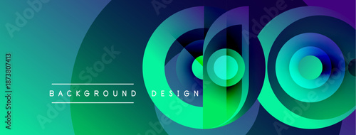 Abstract gradient layers create dynamic visual effect. Circles overlap, forming modern background design. Vibrant colors blend seamlessly.