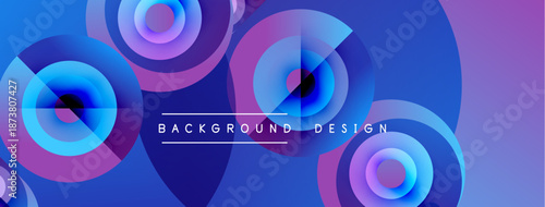 Abstract circles overlap, creating vibrant blue, purple gradients. Text reads background design centered within composition. Modern aesthetic.
