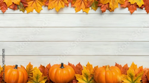Thanksgiving Pumpkin and Leaves Border on White Wooden Table