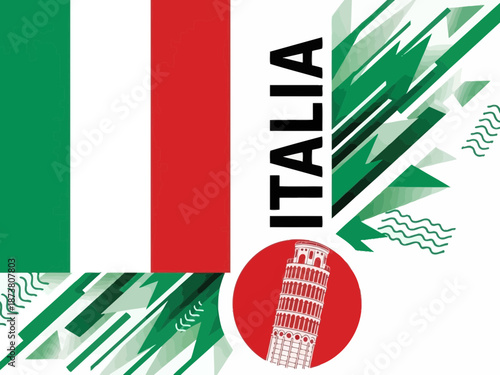 Vibrant italy flag with green white and red colors and italia text