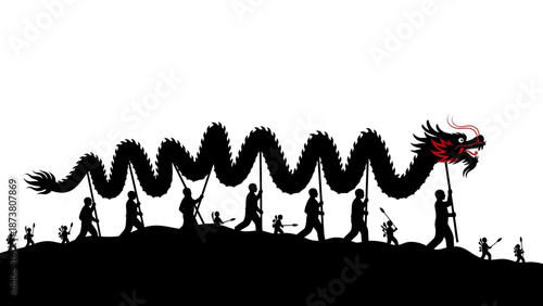 Dynamic Chinese Dragon Dance Silhouette with People Celebrating Cultural Festival