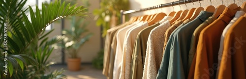Eco-friendly apparel hangs on wooden hangers in bright, airy boutique. Natural textiles and muted earth tones create calm, conscious shopping environment. Green plants add touch of organic freshness.