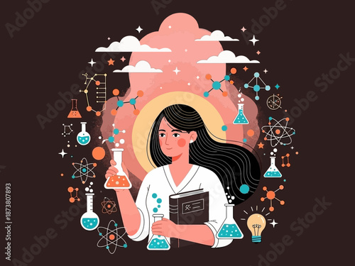 Woman surrounded by science and chemistry elements on dark background