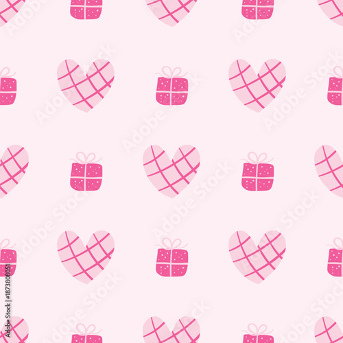 Heart and gift box seamless pattern on a pink background. Valentine concept. For the card, fabric, and wrapping paper.