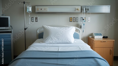 Hospital bed with IV pole and medical equipment in sterile room
