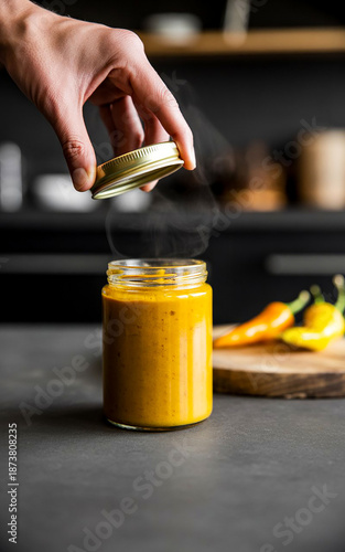 hand holding a jar of pickle, brand promotional product mockup, image created though AI