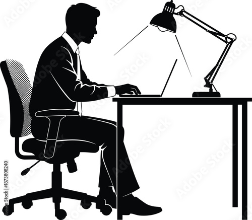 Businessman working on laptop at desk under office lamp silhouette illustrating focused professional work routine modern corporate workspace concept