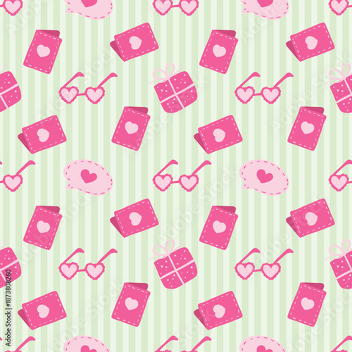 Heart, gift box, glasses, card, and speech bubble seamless pattern on a striped green background. Valentine concept. For the card, fabric, and wrapping paper.