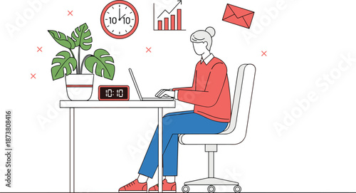 Woman working on laptop at desk with clock analytics email icons illustrating productivity time management and modern remote office concept