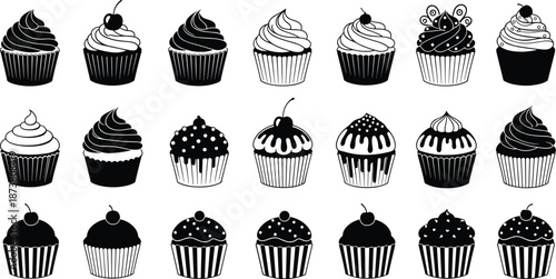Set of delicious cupcake silhouettes, sweet muffin icons with cream and cherry, black and white bakery vector collection for dessert menu.