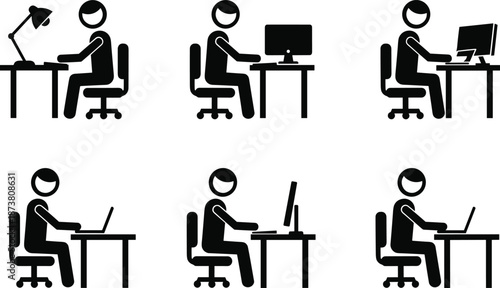 Office worker icon set showing different computer and laptop desk setups illustrating workplace ergonomics productivity and modern professional work routines