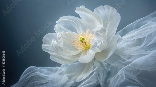 A white flower with a yellow center is the main focus of this image.