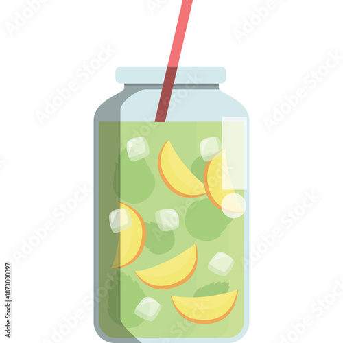 Green Peach and Ice Drink with Straw in Jar
