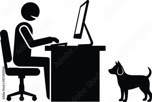 Office worker silhouette using computer at desk with dog nearby representing pet friendly workplace remote work and modern lifestyle concept