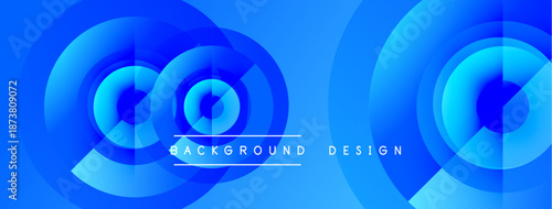Abstract blue circles create dynamic background. Text reads background design centered within layered shapes. Modern, vibrant visual.