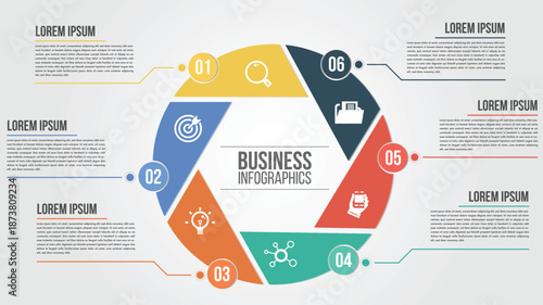 Circular Business Infographic: A modern infographic featuring a circular design, visually representing six key business elements, each with its unique icon and placeholder for text.