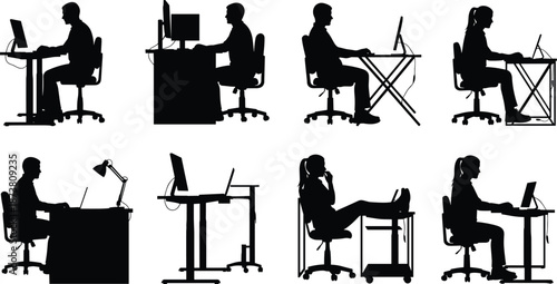Office worker silhouette set showing men and women sitting at desks using computers in various professional workplace postures illustration