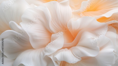 A close-up view of a delicate, white flower with a peach-colored center.