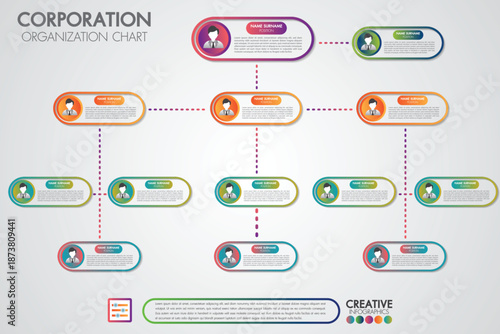 Corporation organization chart: A comprehensive organizational chart showcasing the structure of a corporation, illustrating departments, positions, and reporting relationships.