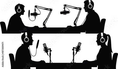 Podcast studio silhouette set featuring hosts and guests recording audio interviews with microphones and headphones for radio and online broadcasting