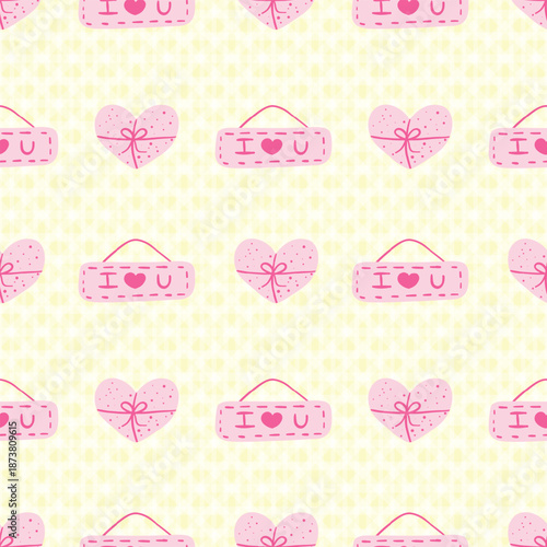 Heart gift, and tag seamless pattern on a yellow tartan background. Valentine concept. For the card, fabric, and wrapping paper.