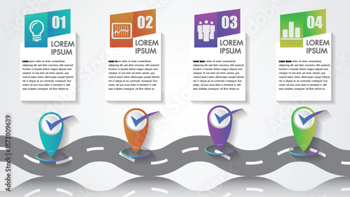 Infographic Roadmap: Illustrating a dynamic roadmap concept with numbered stages, creative icons and informative text boxes, suggesting the steps to be taken.
