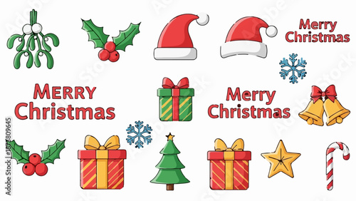 Festive Christmas symbols including holly, mistletoe, presents, and Santa hats