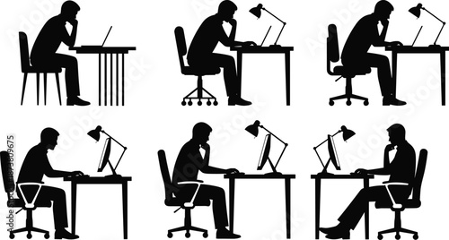 Office worker silhouette set showing different sitting postures at desk using laptop and computer for professional work concepts illustration