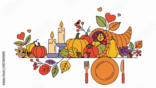 Festive cornucopia with pumpkins, candles, and fall foliage