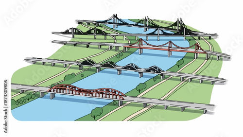 Diverse bridges span a river, showcasing various architectural styles