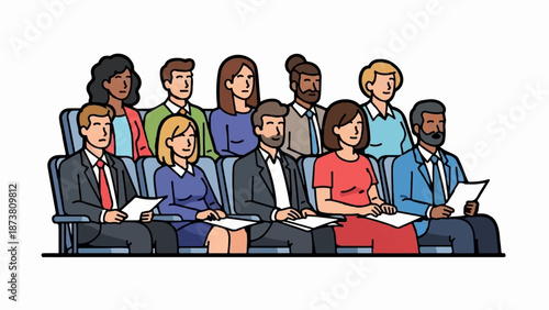 Diverse audience seated in rows, attentively listening and holding papers