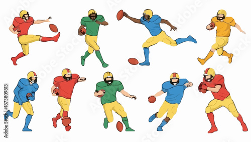 Diverse American football players in action, posed in various running, kicking, and throwing stances