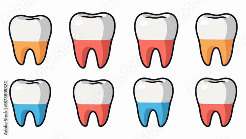 Eight cartoon teeth displayed in two rows