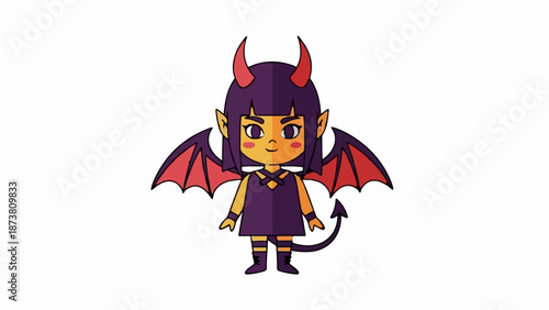Cute little devil girl with purple hair, red horns, and bat wings