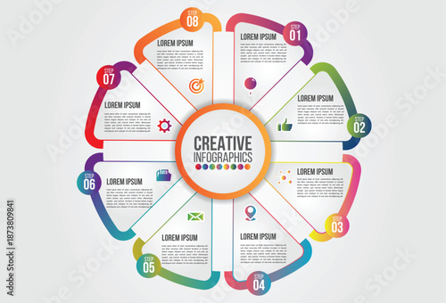 Creative Infographic Design: A visually appealing infographic presents information in a dynamic and engaging manner, using a circular design to showcase interconnected data points.