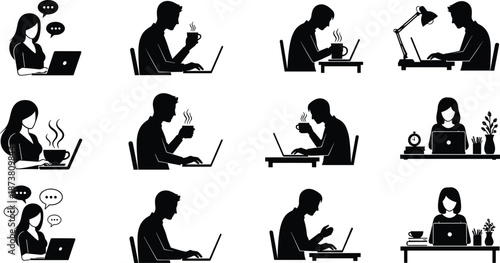 Remote work silhouette icon set of people using laptops with coffee communication and home office desk activities isolated on white background