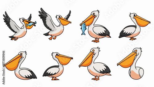 Eight charming cartoon pelicans, some in flight, others standing, several holding fish in their distinctive pouches