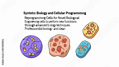 Diverse cellular illustrations paired with text on synthetic biology and cellular programming