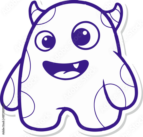 Cute, round, purple monster with big eyes, horns, and a wide smile