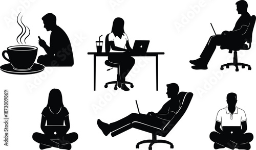 People working remotely silhouette set showing freelancers using laptops at desk chair floor and cafe isolated on white background illustration