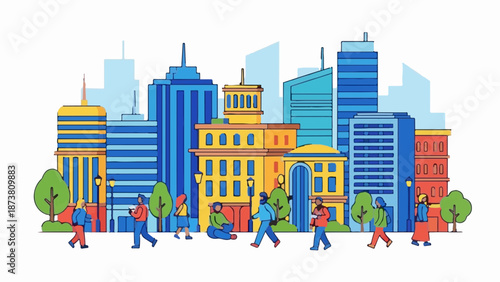 Diverse city dwellers stroll past vibrant buildings and green trees on a bright day