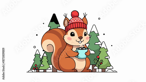 Cute squirrel in winter hat enjoying hot chocolate amidst snowy trees