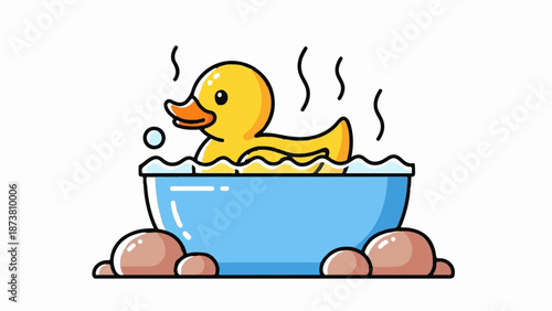 Cute yellow duck floats in a steamy blue bathtub surrounded by rocks