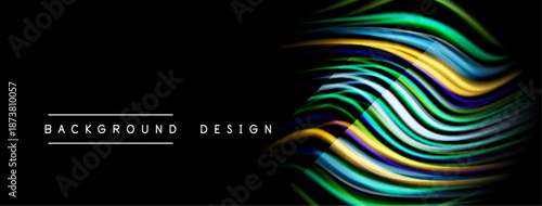 Abstract colorful lines form wavy pattern. Black background emphasizes vibrant design elements. Modern aesthetic, dynamic composition.