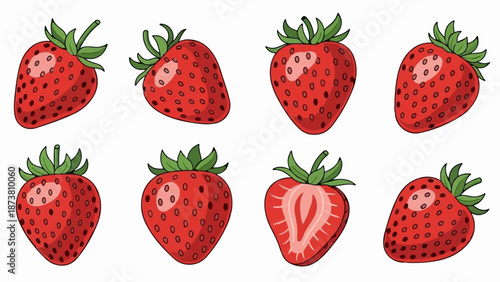 Eight vibrant, stylized strawberries are displayed against a white background