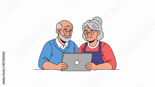 Elderly couple with glasses, one in a blue sweater, the other in a red shirt and apron, look at a laptop